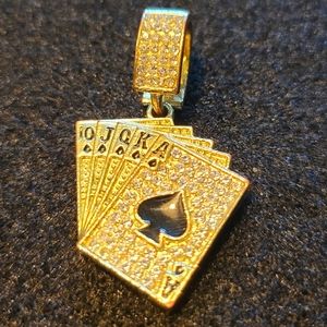 Stainless steel iced out gold-plated Royal Flush pendant
